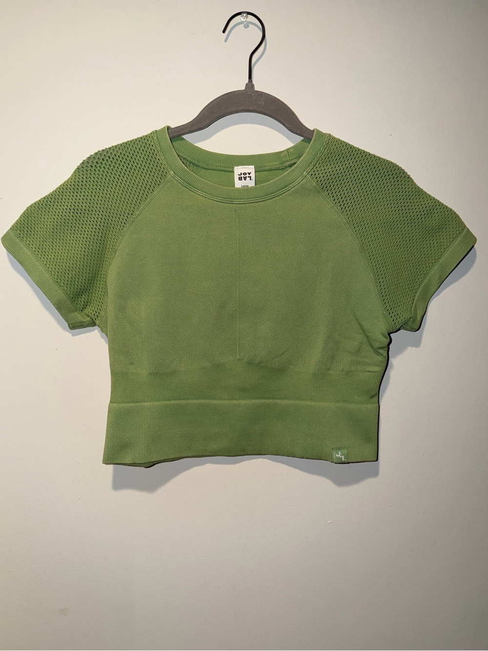 JoyLab Olive-Green Cropped Mesh Sleeve Top